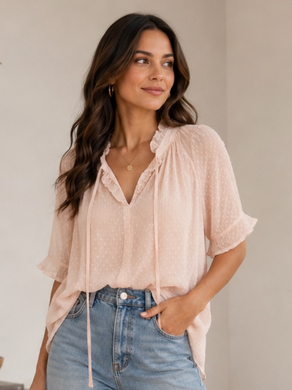 ShopEvelynne Blush Ruffled Tie-Neck Swiss Dot Blouse